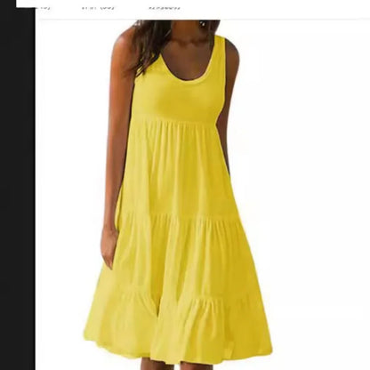 Women's Casual O Neck Sleeveless Ruffle Mini Dress