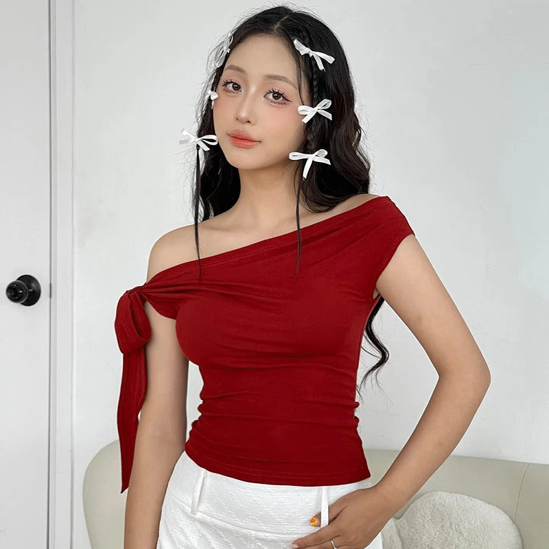 New Shrink Pleated One-Shoulder Crop Top