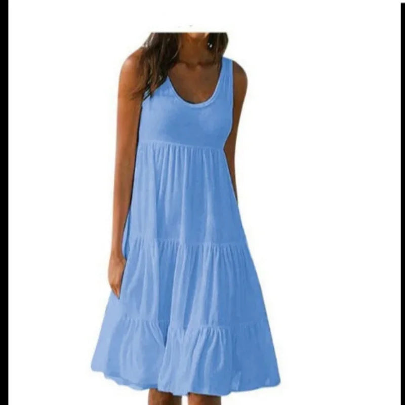 Women's Casual O Neck Sleeveless Ruffle Mini Dress