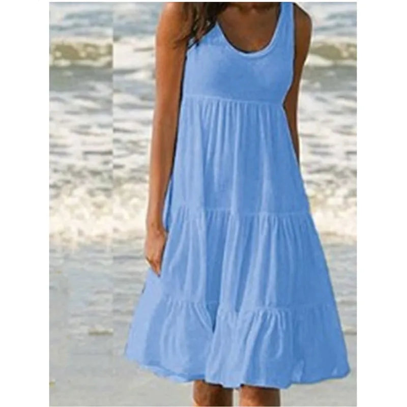 Women's Casual O Neck Sleeveless Ruffle Mini Dress