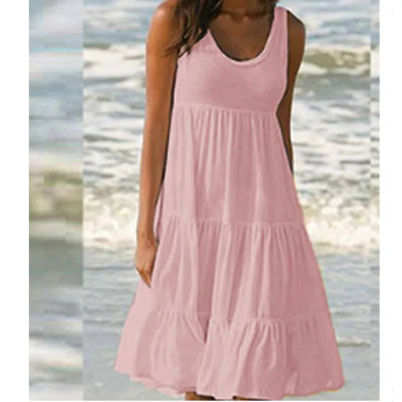 Women's Casual O Neck Sleeveless Ruffle Mini Dress