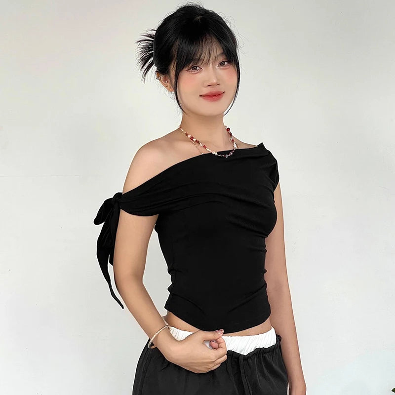 New Shrink Pleated One-Shoulder Crop Top