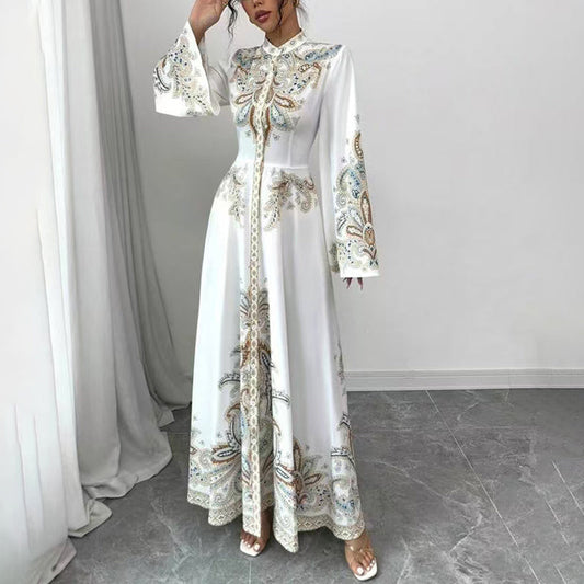 Robe Maxi Élégante à Col Montant avec Imprimé Floral – Manches Longues Fluides
