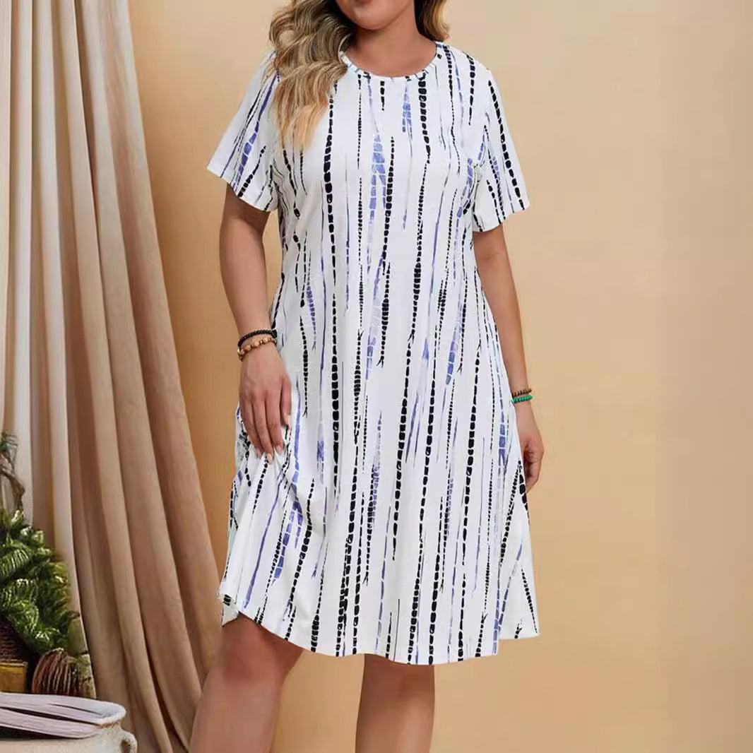 Robe Décontractée à Rayures Imprimées – Coupe Ample et Manches Courtes