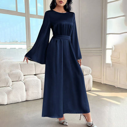 Robe Longue Élégante à Manches Longues avec Détail de Perles