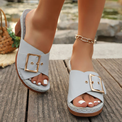 Pantoufles d'été 2025 femme – Talon épais & boucle métal