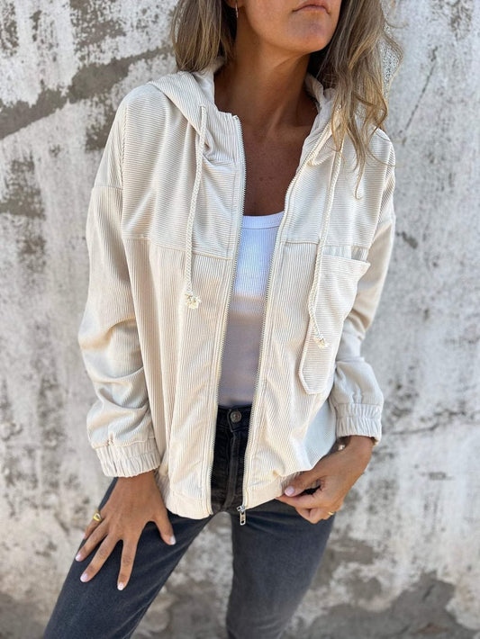 Manteau à capuche en velours côtelé pour femme, veste de couleur unie